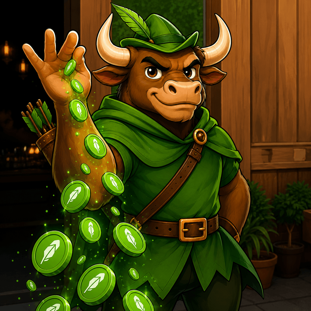 BOW the bull raining glowing green Robinhood feather coins from his open hand
