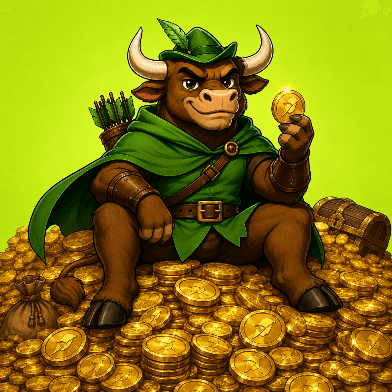 BOW the bull sitting on a mountain of gold feather coins, holding one up to the light